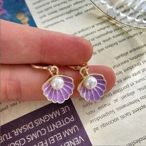 Pearl Shell Earrings Gold Plated Purple Enamel Hook Closure Pear Embellished
